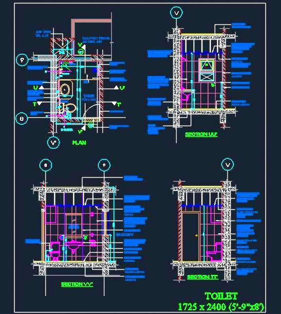 Complete Toilet Design AutoCAD (5'-9 x 8') WC, Basin, Shower